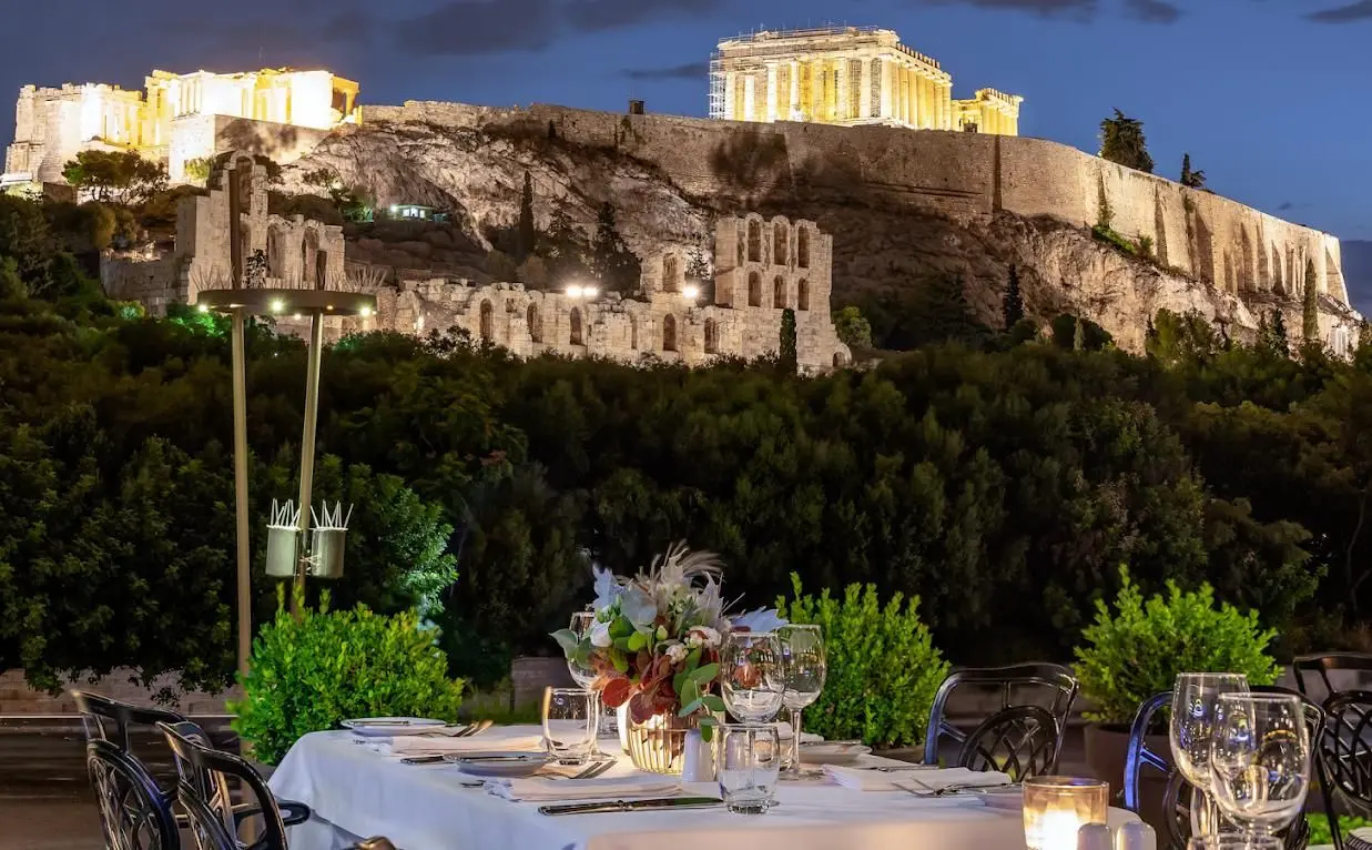 Dionysos Restaurant with Acropolis view at night